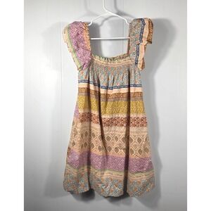 Aureum Womens Patchwork Floral Smocked Mini Dress Flutter Sleeve Pocket AD1617 M